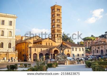 View on Church of Santa Maria in Cosmedin in Rome at sunset. Concept of religious landmarks and travel Italy