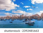 View on the coast of Alexandria, typical buildings and the Mediterranean sea of Egypt