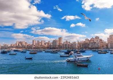 View on the coast of Alexandria, typical buildings and the Mediterranean sea of Egypt