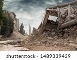 View on a collapsed concrete industrial building with British Parliament behind and dark dramatic sky above. Damaged house. Scene full of debris