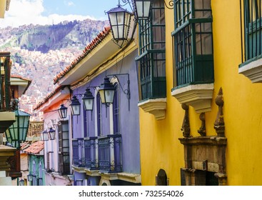 View on colorful colonial buildings in La Paz Bolivia