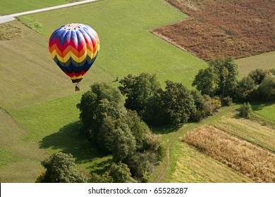 View On The Colorful Hot Air Balloon From Above.