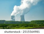 View on cooling towers of nuclear power plant thermal power station in which heat source is nuclear reactor, France, Europe, cheap energy source