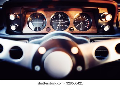 View On A Dashboard Of A Classic 70s Car