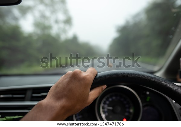 View\
on the dashboard of the truck driving.The driver is holding the\
steering wheel. Forest road is in front of the\
car