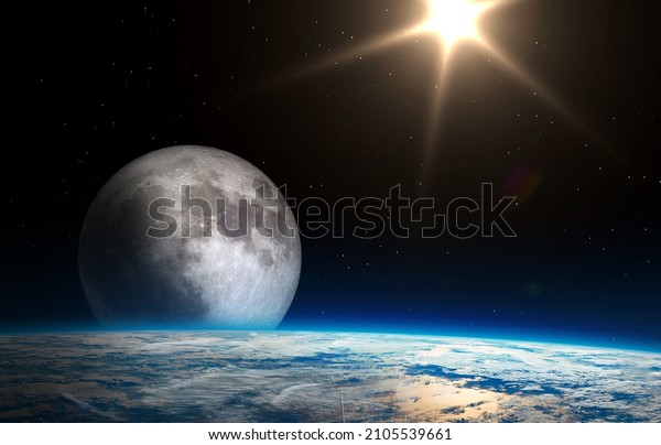 View on the Earth, Moon and Sun from\
space. Elements of this image are furnished by\
NASA