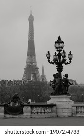 View on the Eiffel tower from a bridge in Paris in black and white