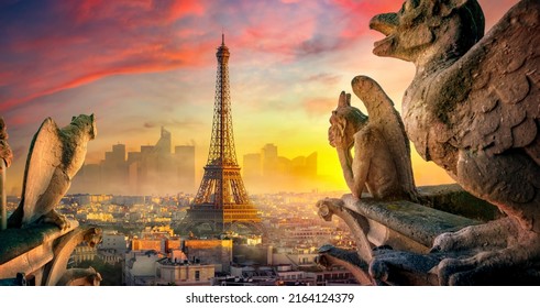 View on Eiffel Tower and chimeras from Notre Dame de Paris, France