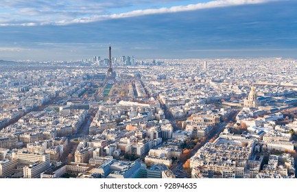 view on Eiffel Tower and panorama of Paris in winter afternoon