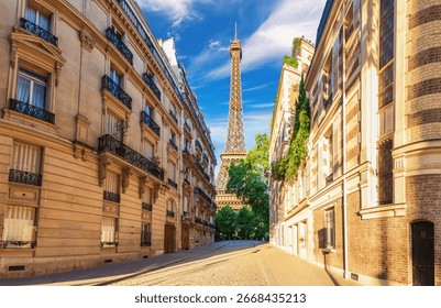 View on the Eiffel Tower from a typical street of France, famous landmark of Paris - Powered by Shutterstock - Get 15% off with code: PIKWIZARD15