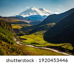 A view on Elbrus mountain and Malka river valley. Dzhili-Su, Republic of Kabardino-Balkaria, Russia.