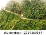 View on foggy death road in the Yungas in Bolivia. High quality photo