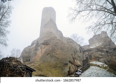 View on Frydstejn castle ruin in the fog, Medieval stronghold with massive rounded guard tower, Hiking Golden Trail of Bohemian Paradise, Mala Skala, Czech Republic, November 21, 2020