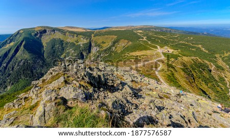 View on the Giant Valley (Obri dul), the Well Mountain (Studnicni hora), the Plain under the Sniezka, Lomniczka Cwm. Giants Mountains ridge (Karkonosze). Polish - Czech border.
