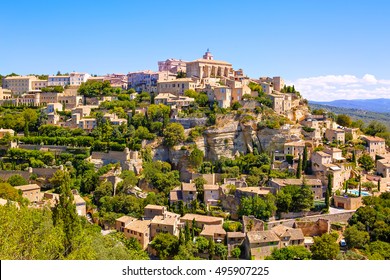 View on Gordes, a small typical town in Provence, France. Beautiful village, with view on roof and landscape