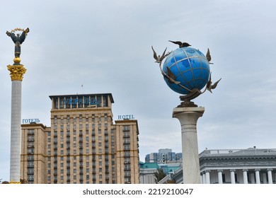 A View On The Independence Monument, Ukraine Hotel And Globe Monument In Independence Square, Kyiv, Ukraine. Space For Copy. 