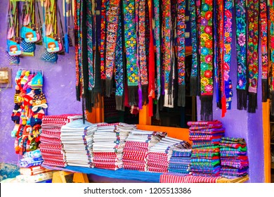 View on indigenous maya clothes on market in Chichicastenango - Guatemala