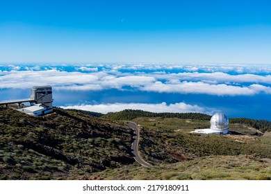 View on international space observatory and telescopes on La Palma island located on highest mountain range Roque de los muchachos, sunny day, Canary islands, Spain