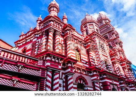 View on Jami-Ul-Alfar Mosque or Red Masjid Mosque is a historic mosque in Colombo, Sri Lanka