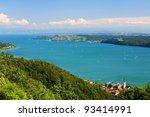 View on Lake Constance (Bodensee) with blue sky and the Alps in background