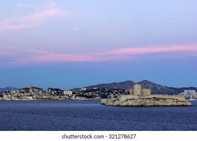 View on Marseilles city and Castle of If in France in the evening