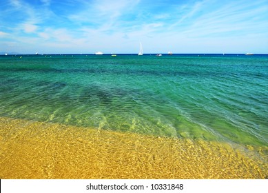 View On Mediterranean Sea From Famous Pampelonne Beach Near St. Tropez In French Riviera