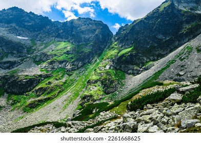 View on mountain pass (Wrota Chalubinskiego or Vrata Chalubinskeho) in Tatras. Beautiful mountain landscape in Tatra Mountain.