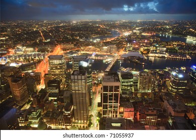 View On Night Highlighted Sydney CBD City From Top Oztrack Streets Full Of Lights