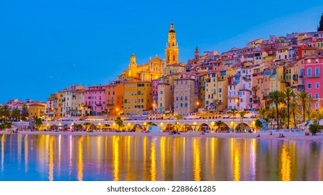 View on the old part of Menton, Provence-Alpes-Cote d'Azur, France Europe during a summer evening. Menton French rivieraa
