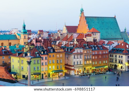 view on Old Town in Warsaw at dusk, Poland