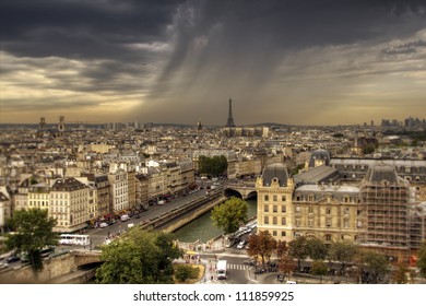View on Paris from Notre Dame de Paris, HDR with moody sky