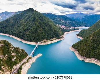 View on Piva lake, located between the mountains. The lake is an artificial reservoir of fresh water in Montenegro.