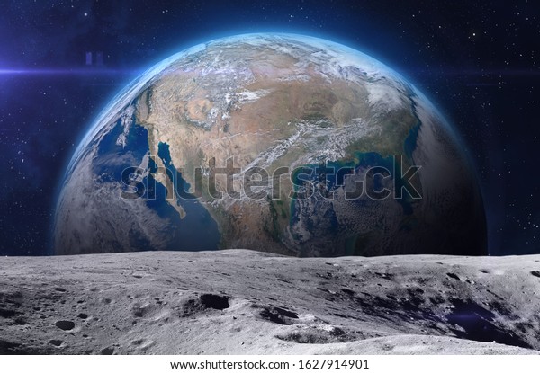 View on the planet Earth from the\
Moon surface. Elements of this image are furnished by\
NASA