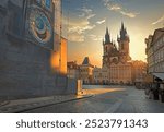 View on Prague chimes and Tynsky temple at sunrise