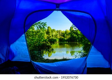 View on river from tent in morning