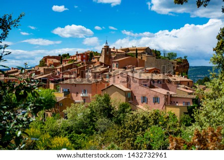 View on Roussillon, small Provensal town with  large ochre deposits, located within borders of Natural Regional Park of Luberon
