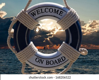  view on the sailing ships in sunset through blue safe belt with welcome on board sign