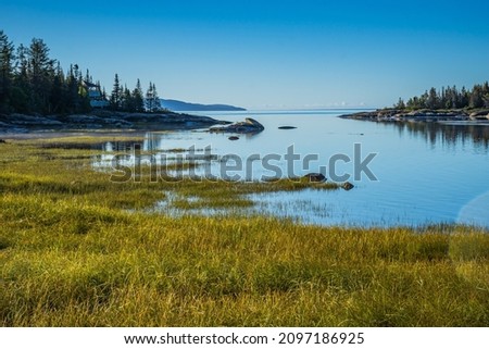 View on the Sept-Iles bay and the St Lawrence river from Aylmer Whittom Park, near Sept-Iles, in Cote Nord region of Quebec, Canada
