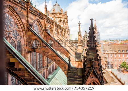 View on the spires of the main cathedral in Strasbourg city in France