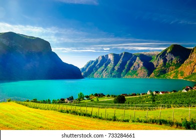 View On Spring Landscape By Aurlandsfjord In Norway