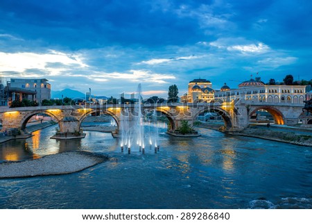 View on Stone bridge from Oko bridge in Skopje in the evening