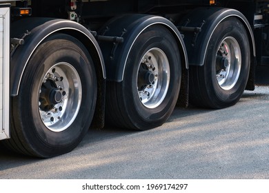 View on truck wheels and tires on truck chassis. Truck wheel rim. Truck chassis parts details devices equipment. 