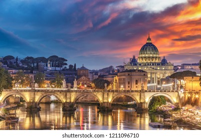 View on the Vatican in Rome, Italy, at sunset with dramatic sky. Scenic travel background.