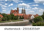 View on Wroclaw Old Town. Island and Cathedral of St John with bridge through river Odra. Wroclaw, Poland.