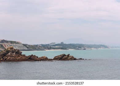 View From One Of Rocky Observation Deck Of Biarritz Bay To Beach Plage De La Cote Des Basques. Pyrenees-Atlantiques Department, French Basque Country
