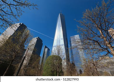 View of one world trade centre or Freedom tower skyscraper, New York City