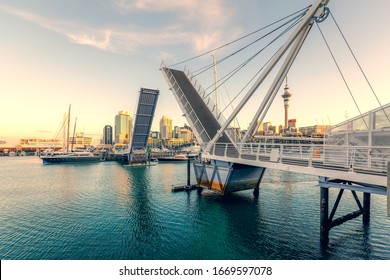 View Of Open Bridge In Auckland At Viaduct Harbour Area, New Zeland