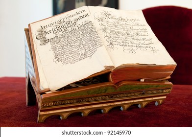 View of opened old book, written in Latin.