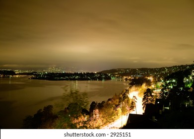 View Of Oslo And The Oslo Fjord At Night - Long Exposture.