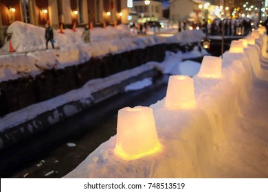 A View Of Otaru Canal With Candle Light On The Snow, Otaru Snow Light Path In Japan.